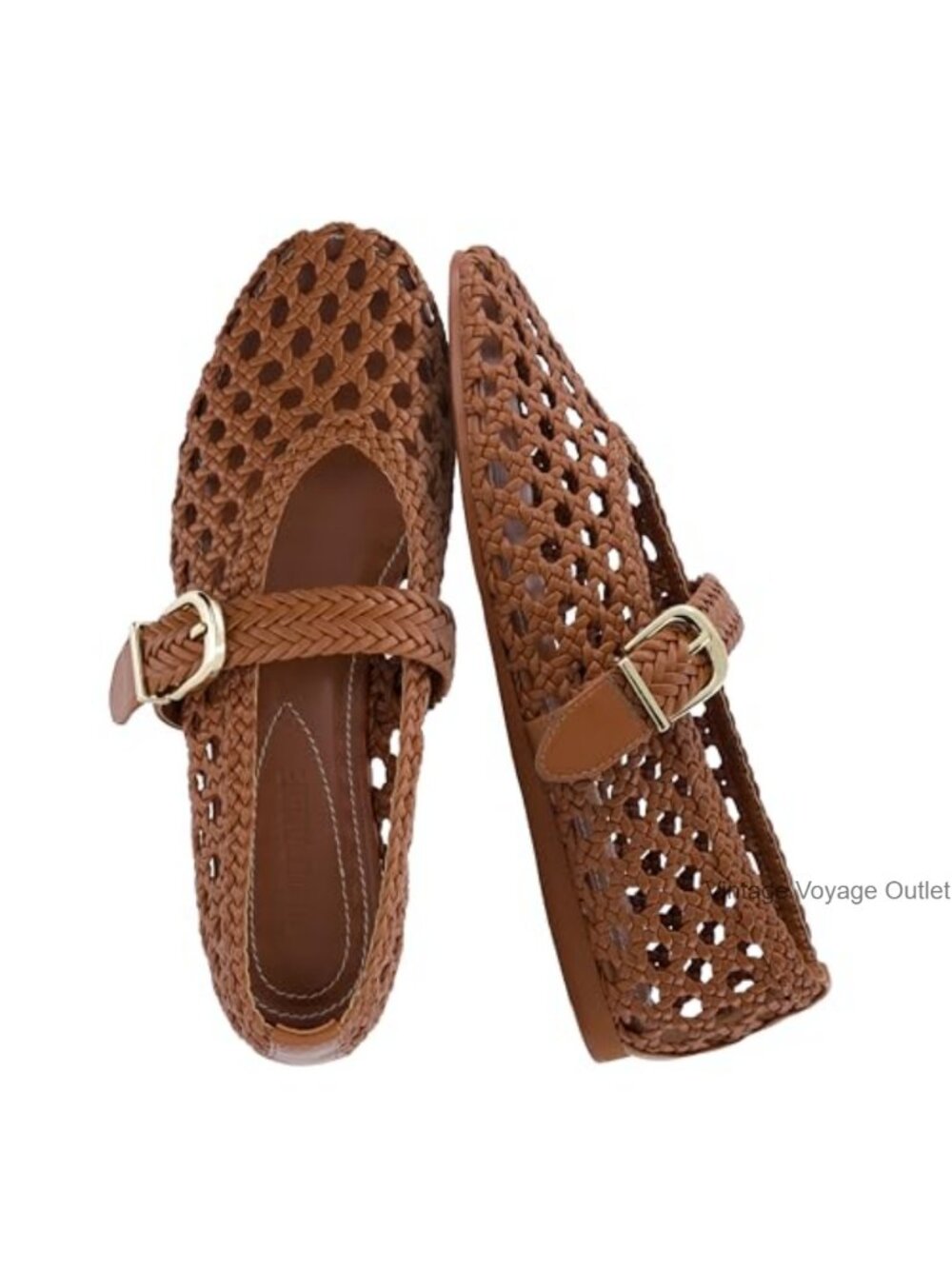 Wit Women's Woven Mary Jane Ballet Flats Gold Buckle Strap Cushioned